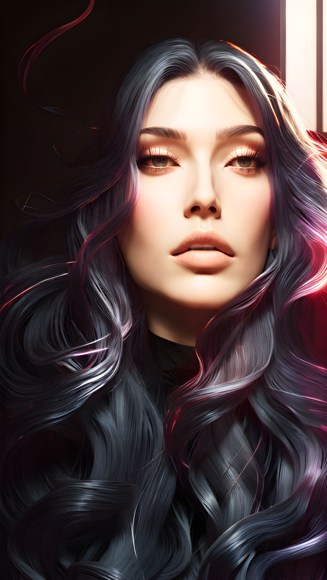 Vibrant digital art: Woman with purple and pink wavy hair, expressive eyes.