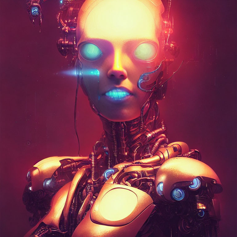 Detailed humanoid robot with glowing eyes and intricate wiring in reddish light