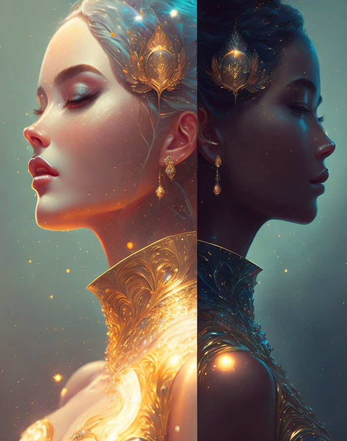 Ethereal woman in ornate gold jewelry and attire in serene profile view