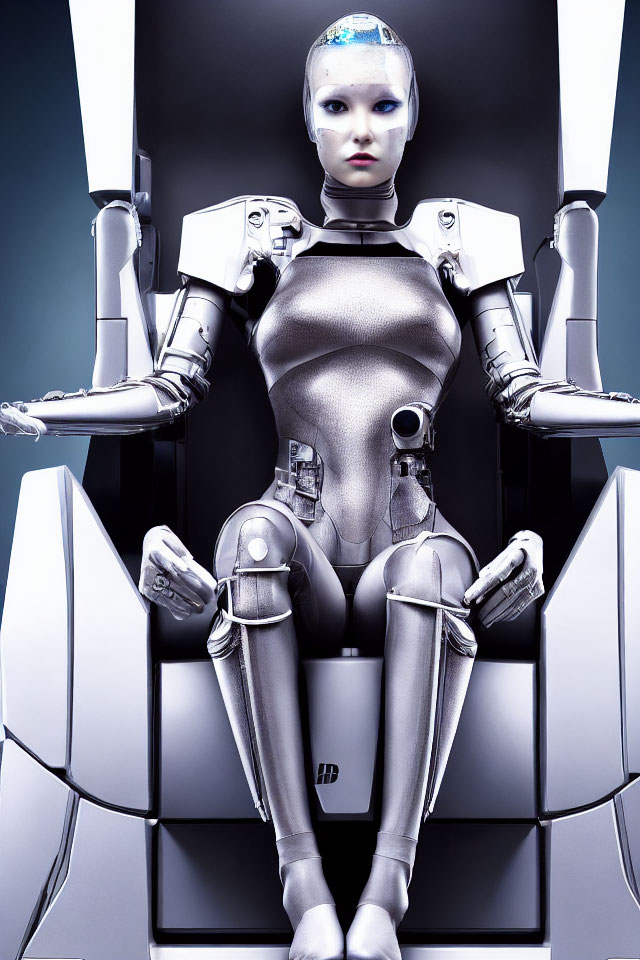 Futuristic female humanoid robot with metallic joints in sleek setting