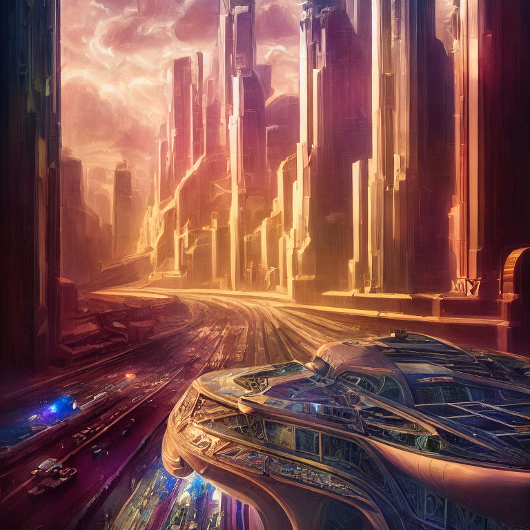 Futuristic cityscape with towering skyscrapers and flying vehicles