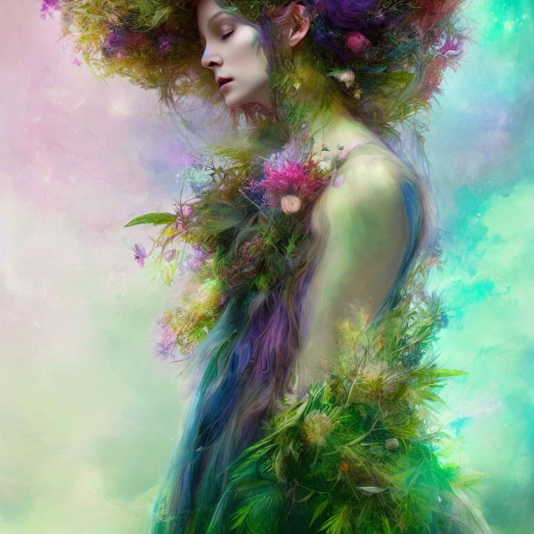 Woman with Flora-Infused Hair and Body: Ethereal Fusion of Human and Nature