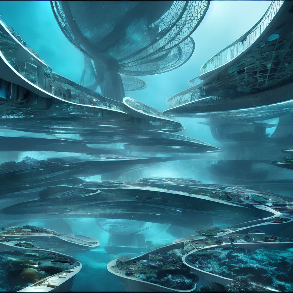 Futuristic underwater city with layered architecture and domes, surrounded by marine life