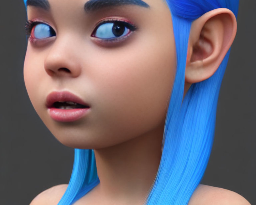 Close-up of 3D-animated girl with blue hair and expressive eyes on grey background