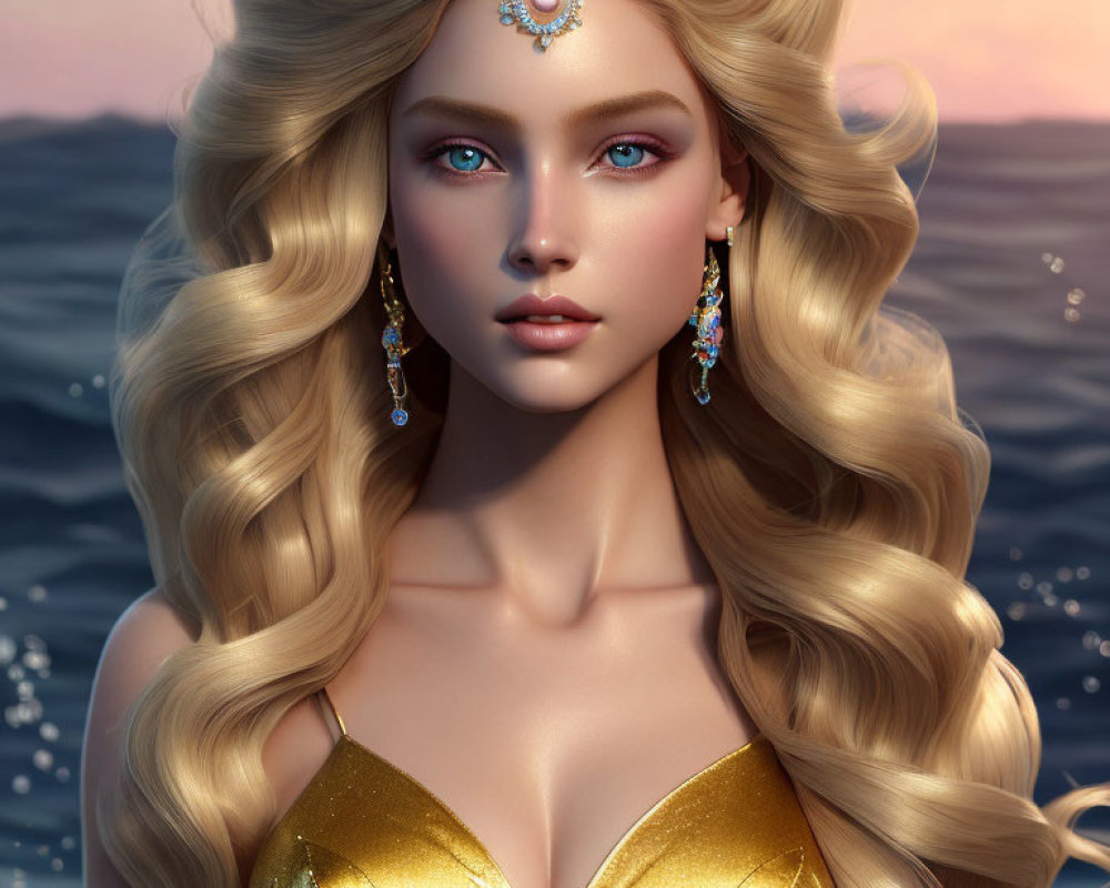 Blonde woman in gold dress and crown by ocean sunset