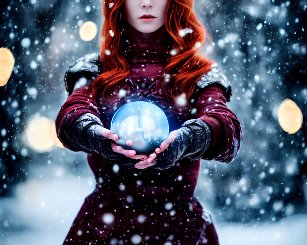 Red-haired woman in burgundy outfit holding glowing orb in snowfall with bokeh lights.