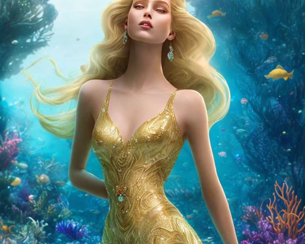 Blonde woman in gold dress in vibrant underwater scene