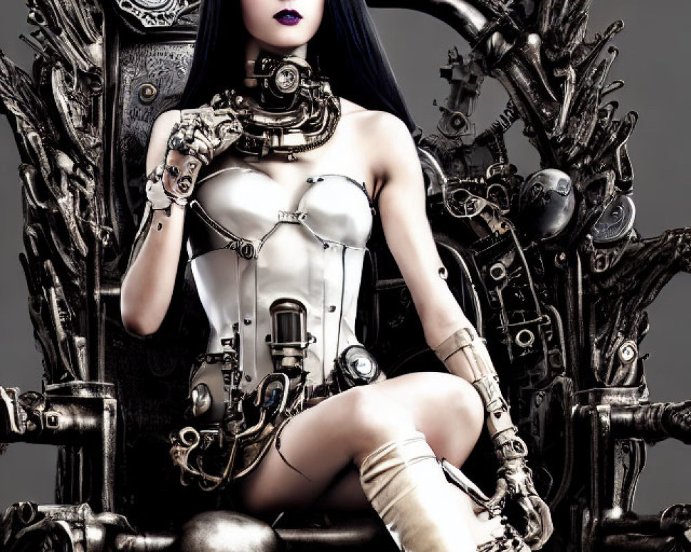 Steampunk woman in corset with mechanical arm on ornate throne