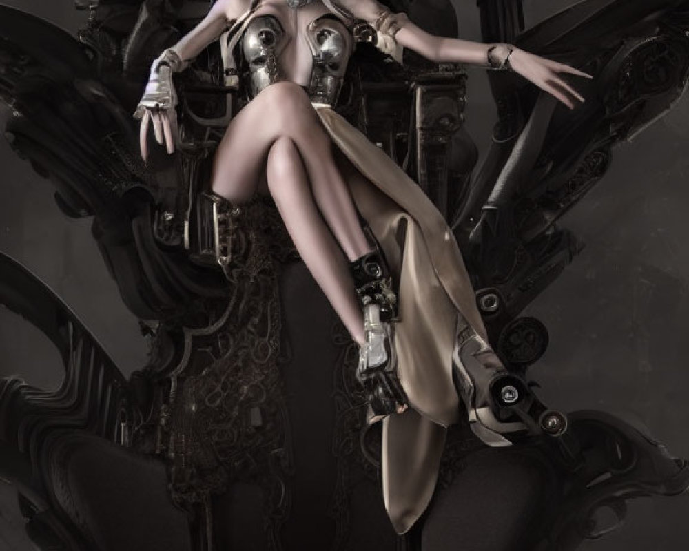 Pale woman in futuristic metallic armor on ornate gothic chair