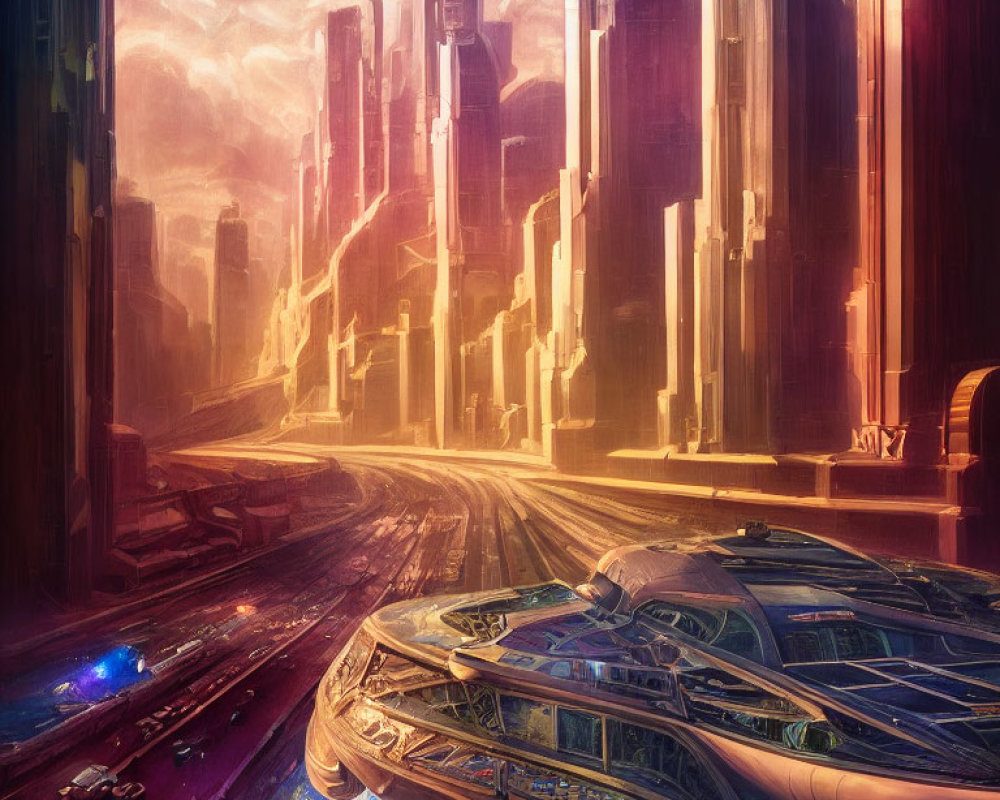 Futuristic cityscape with towering skyscrapers and flying vehicles