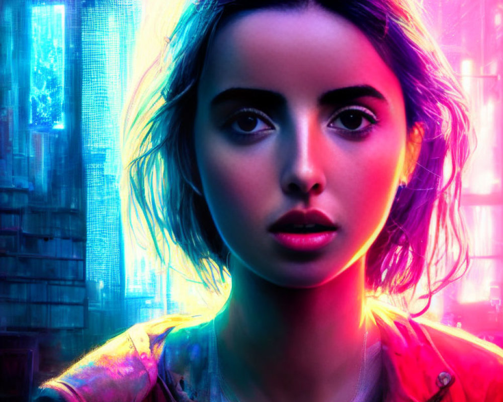 Colorful digital portrait with neon-lit cityscape background and vibrant light reflections.