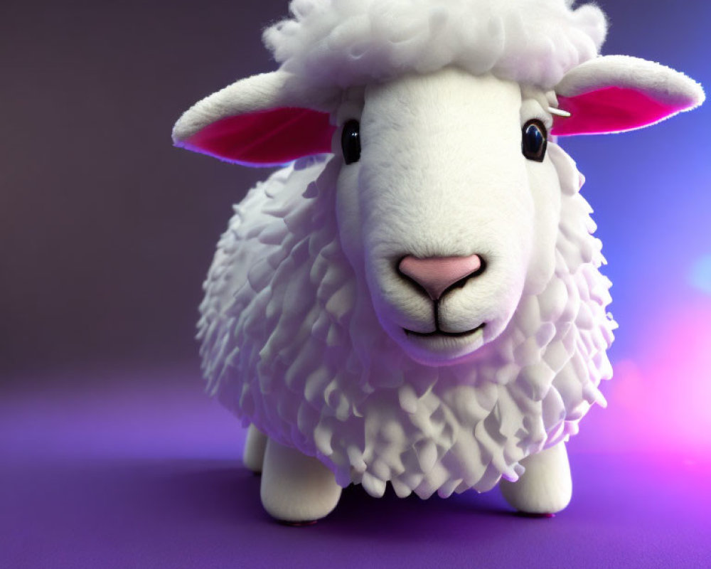 Fluffy white plush toy sheep on purple background