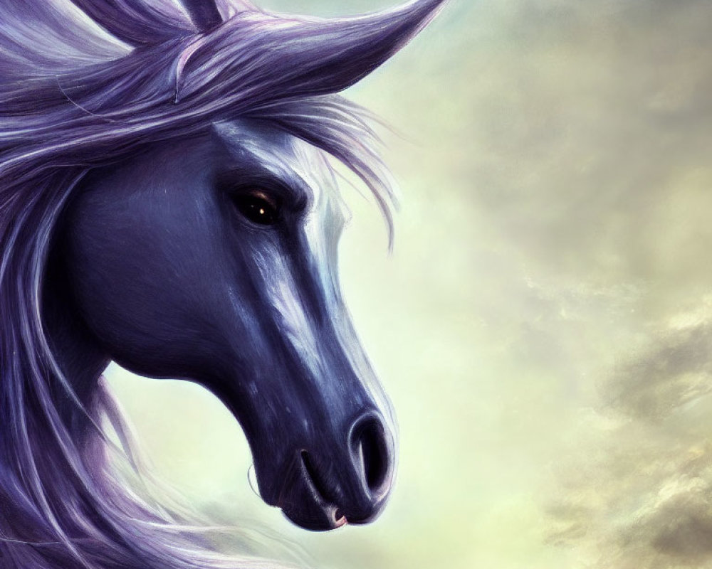 Majestic purple-maned unicorn in cloudy sky illustration