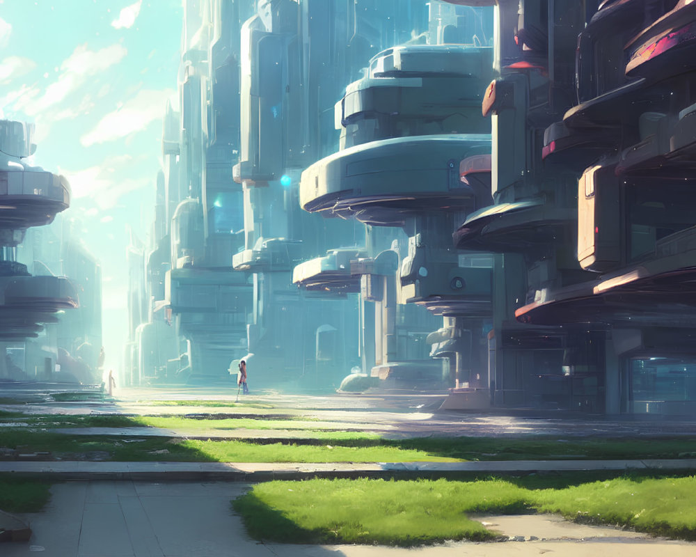 Futuristic cityscape with towering buildings and tiny human figures