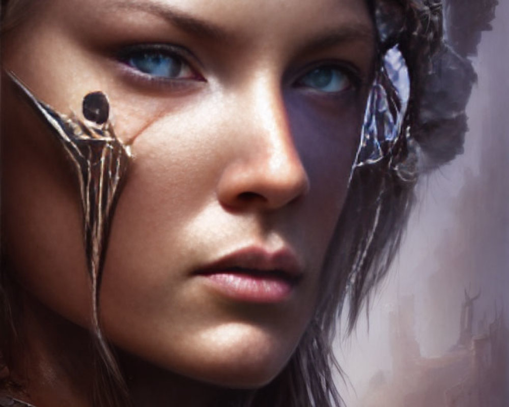 Fantasy digital painting of woman with blue eyes in intricate helmet.