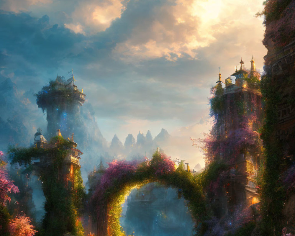 Mystical Towers in Fantasy Mountain Landscape