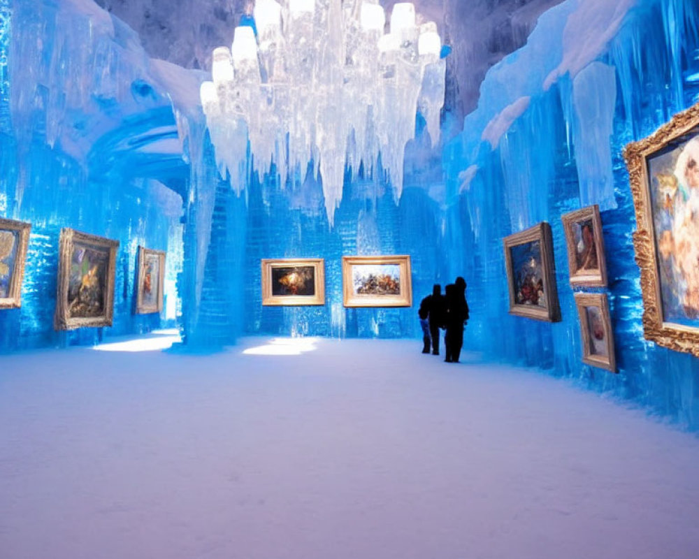 Chilled room with icicle chandeliers, framed artwork, and silhouetted figures