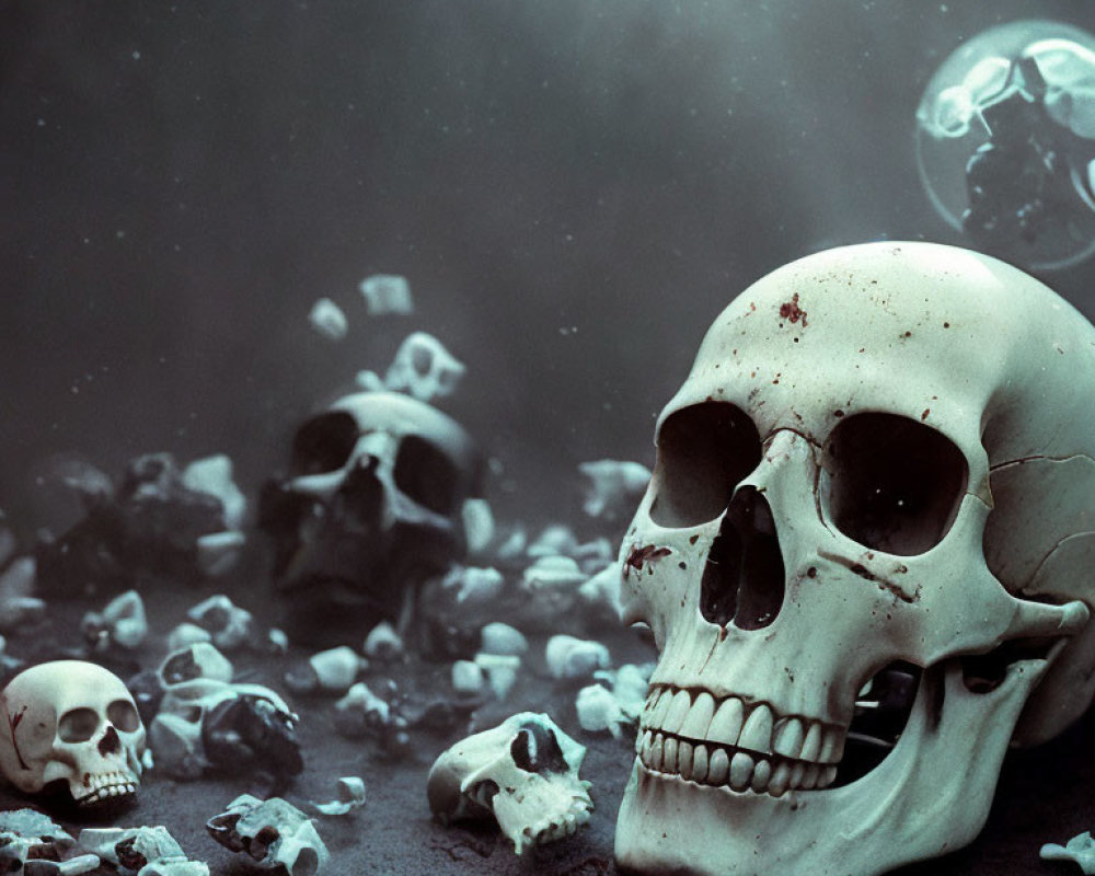 Dark, misty surface with scattered human skulls in various sizes