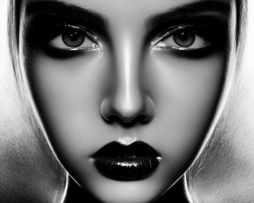 High-contrast monochrome portrait of a woman with dark eyes, bold lips, and slicked-back