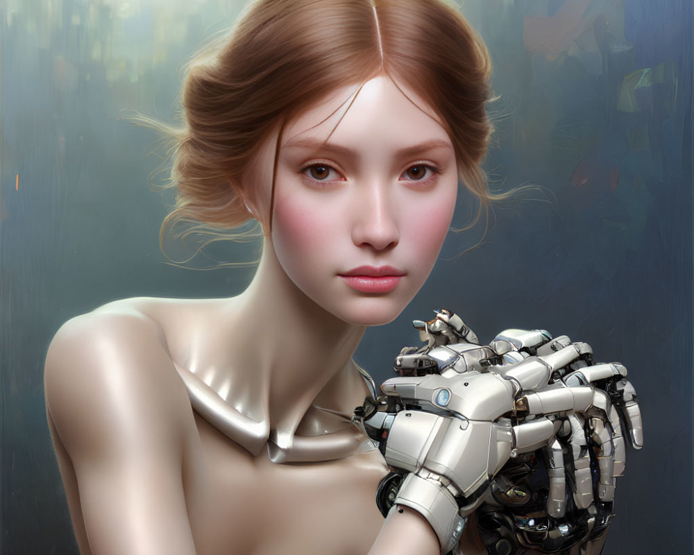 Digitally created portrait of woman with robotic arm and human-like face against abstract background