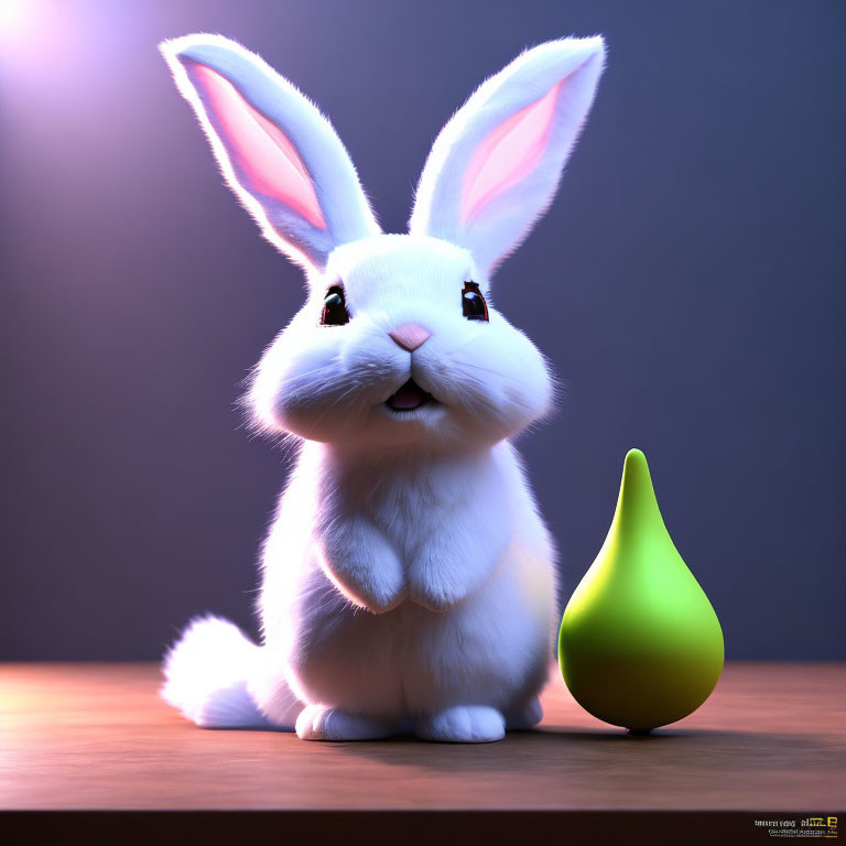 White CGI Rabbit with Green Pear on Wooden Surface