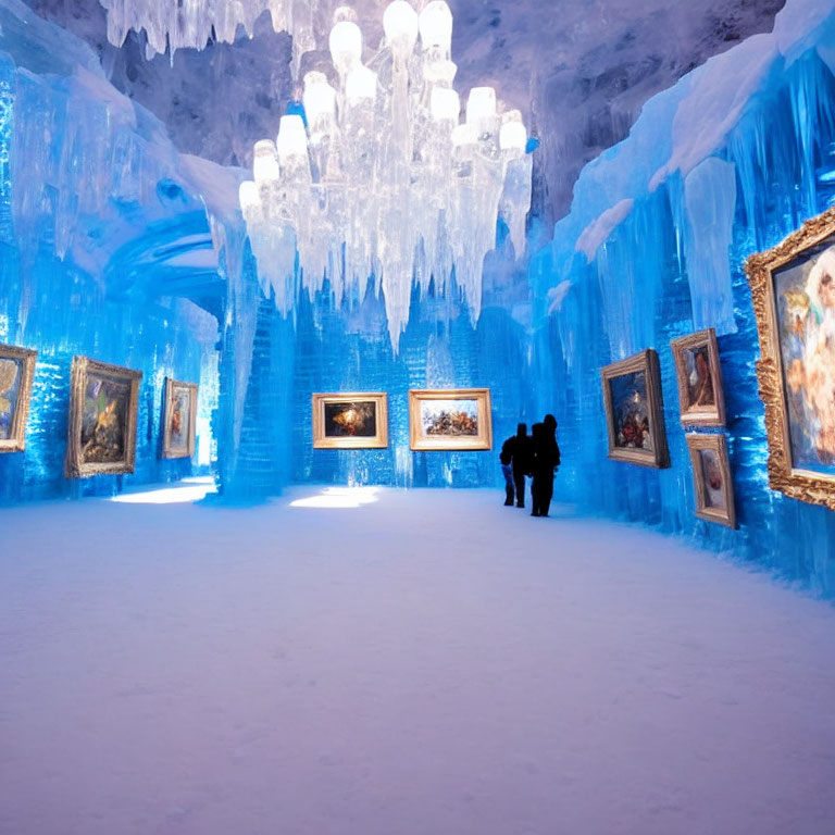 Chilled room with icicle chandeliers, framed artwork, and silhouetted figures