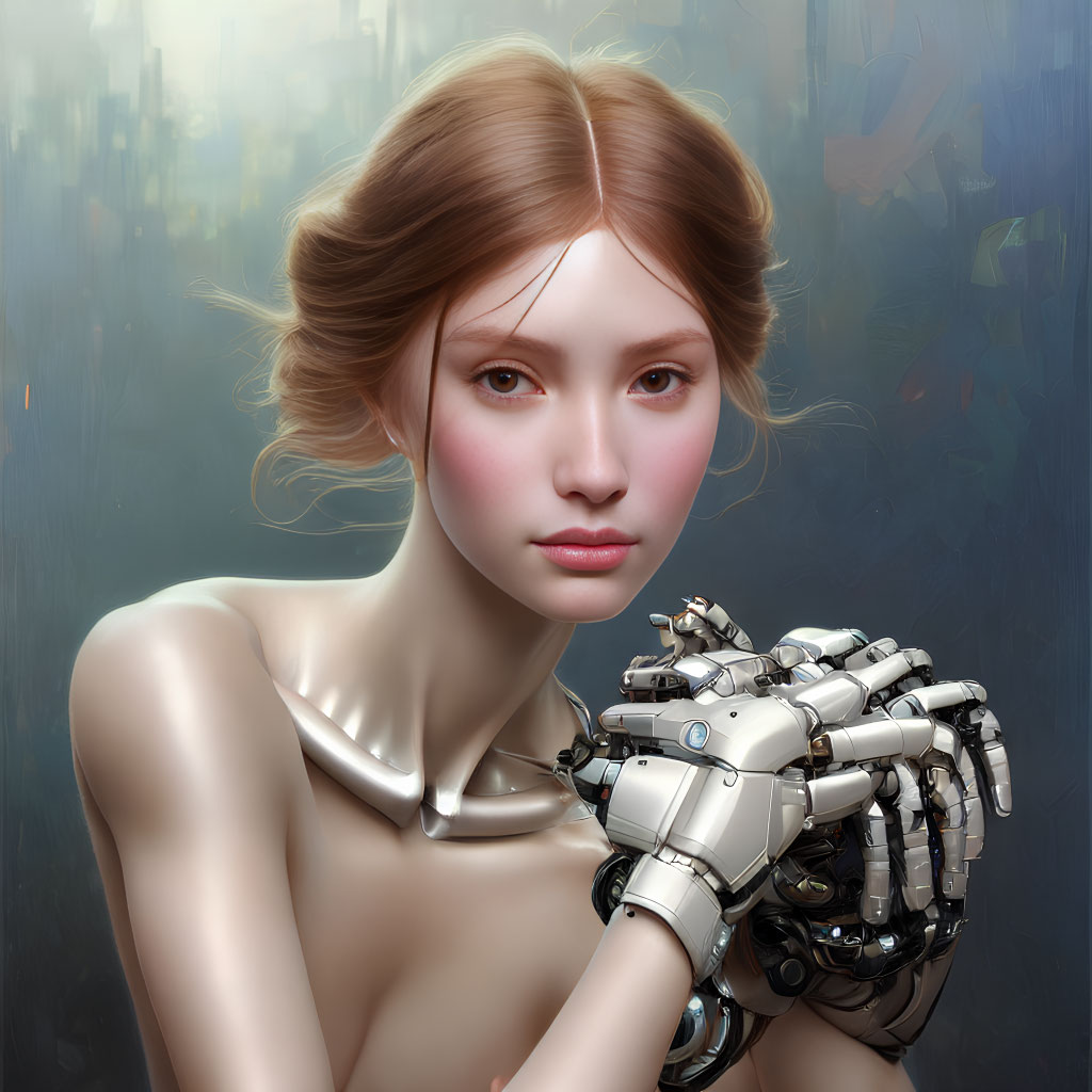 Digitally created portrait of woman with robotic arm and human-like face against abstract background