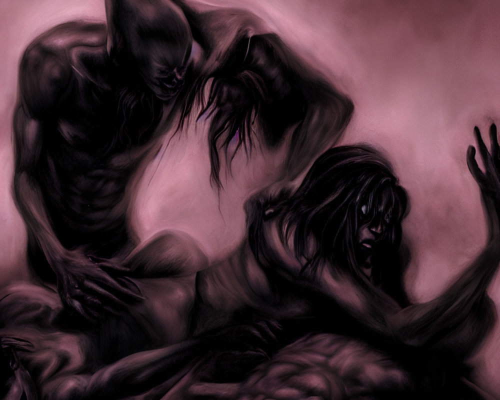 Muscular figures in dramatic pose with enhanced features in dark, moody illustration