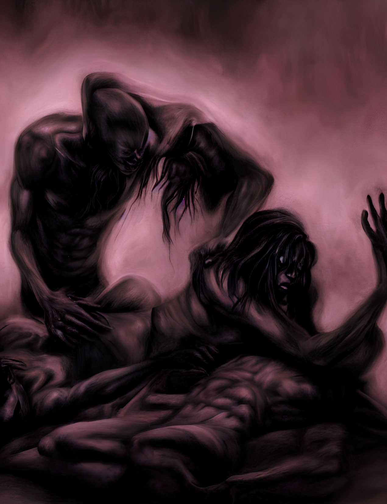 Muscular figures in dramatic pose with enhanced features in dark, moody illustration