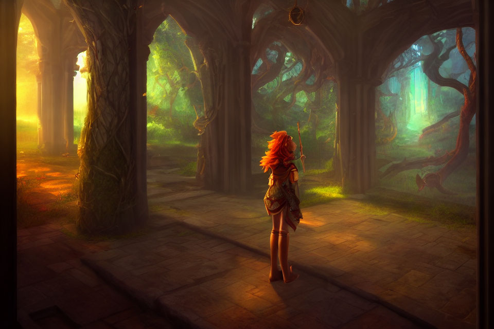 Red-Haired Figure in Sunlit Forest Clearing surrounded by Towering Trees