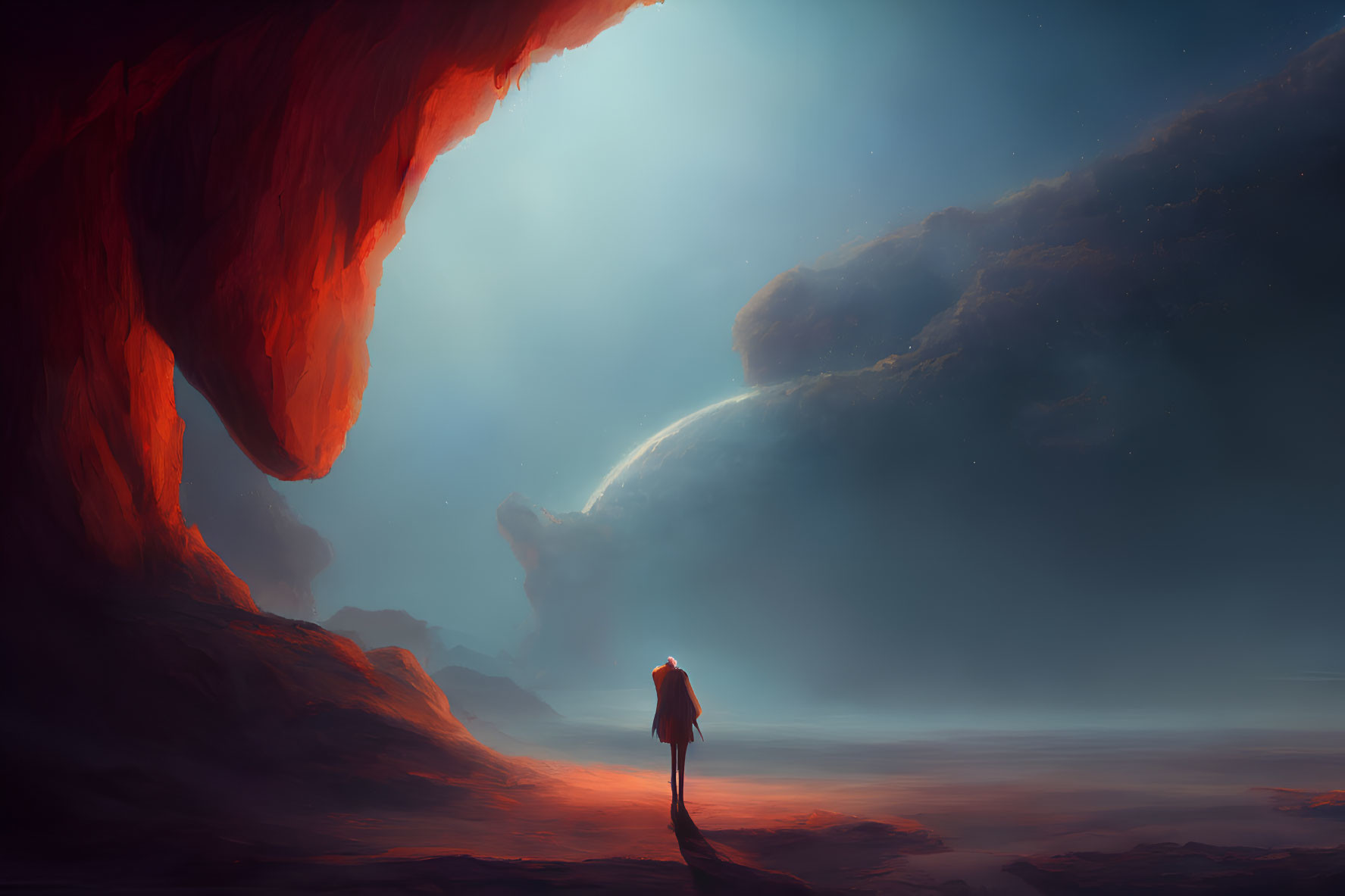 Solitary figure gazing at crescent moon over alien landscape