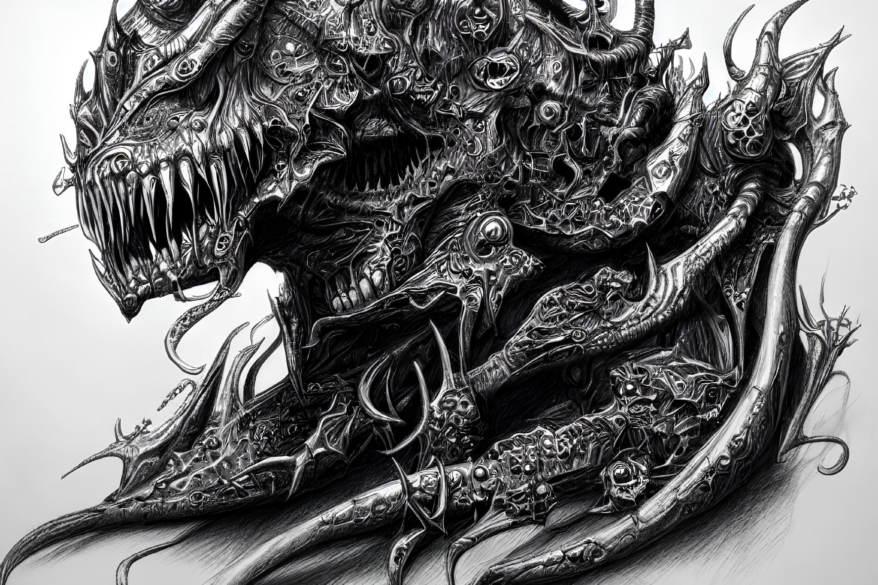 Detailed Monochrome Illustration of Complex Monster with Multiple Eyes, Fanged Mouths, and Tentacles