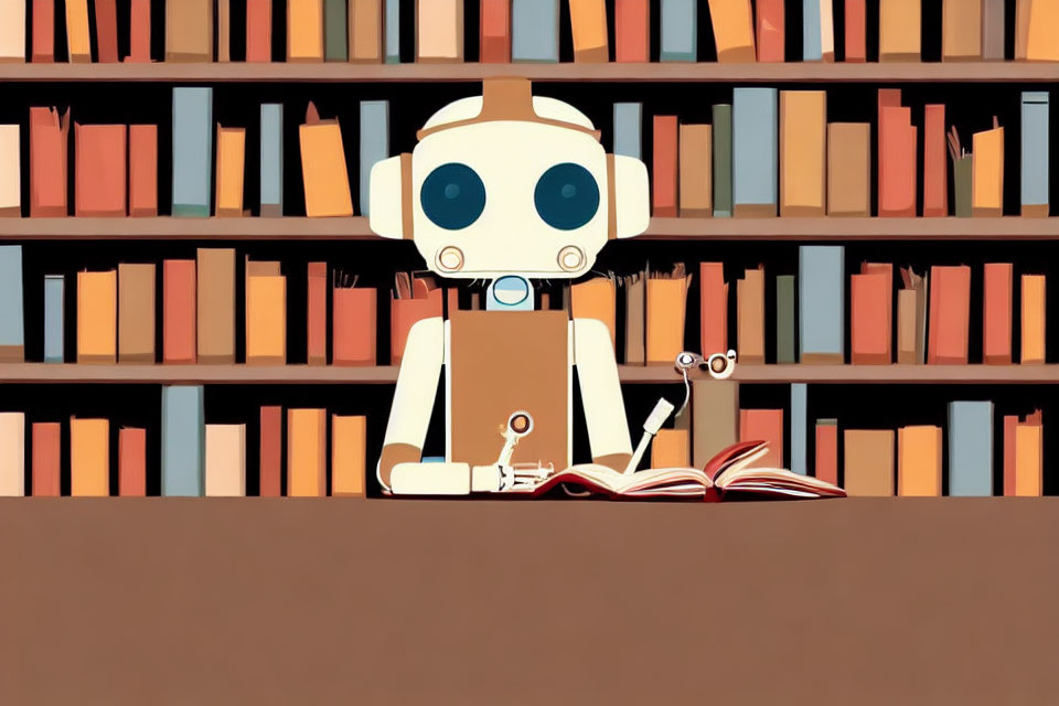 Colorful Cartoon Robot Reading Book at Desk