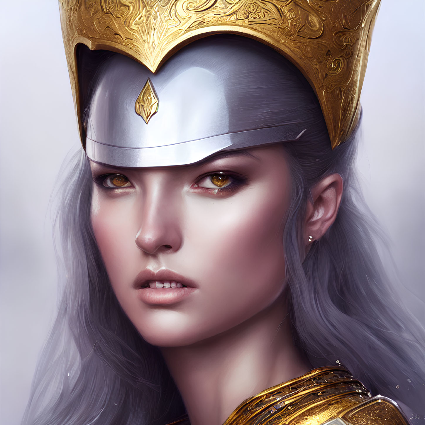 Portrait of Woman with Silver Hair and Golden Eyes Wearing Detailed Golden Crown