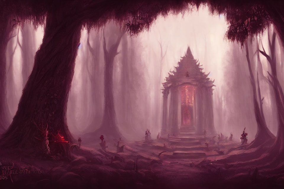 Mystical forest scene with towering trees, temple, and tiny figures