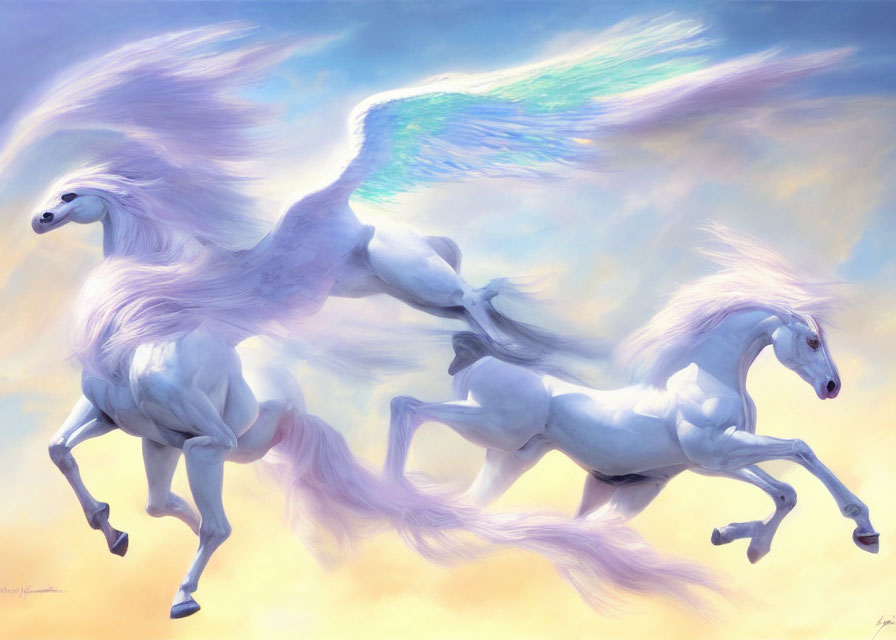 Ethereal horses galloping in pastel sky landscape