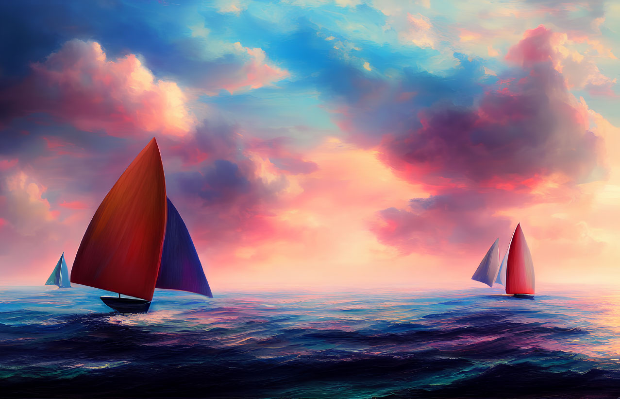 Colorful sailboats on stormy sea at sunset