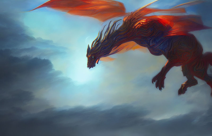 Majestic dragon with fiery orange wings flying in blue sky