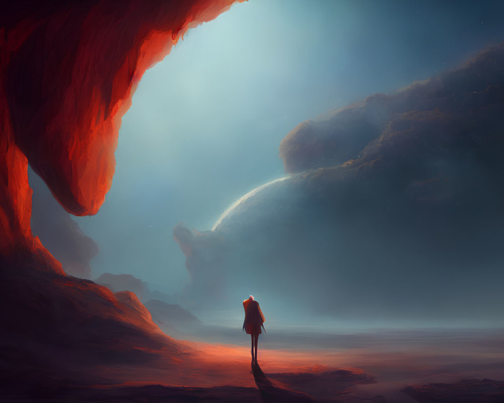 Solitary figure gazing at crescent moon over alien landscape