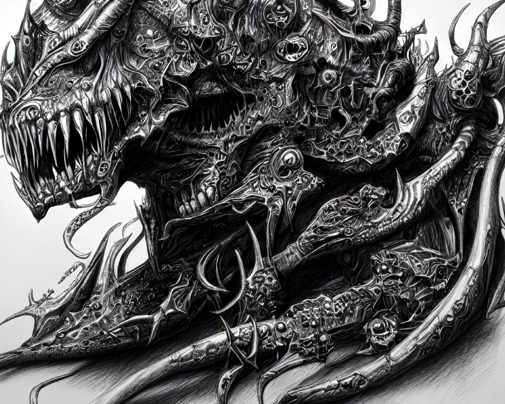 Detailed Monochrome Illustration of Complex Monster with Multiple Eyes, Fanged Mouths, and Tentacles