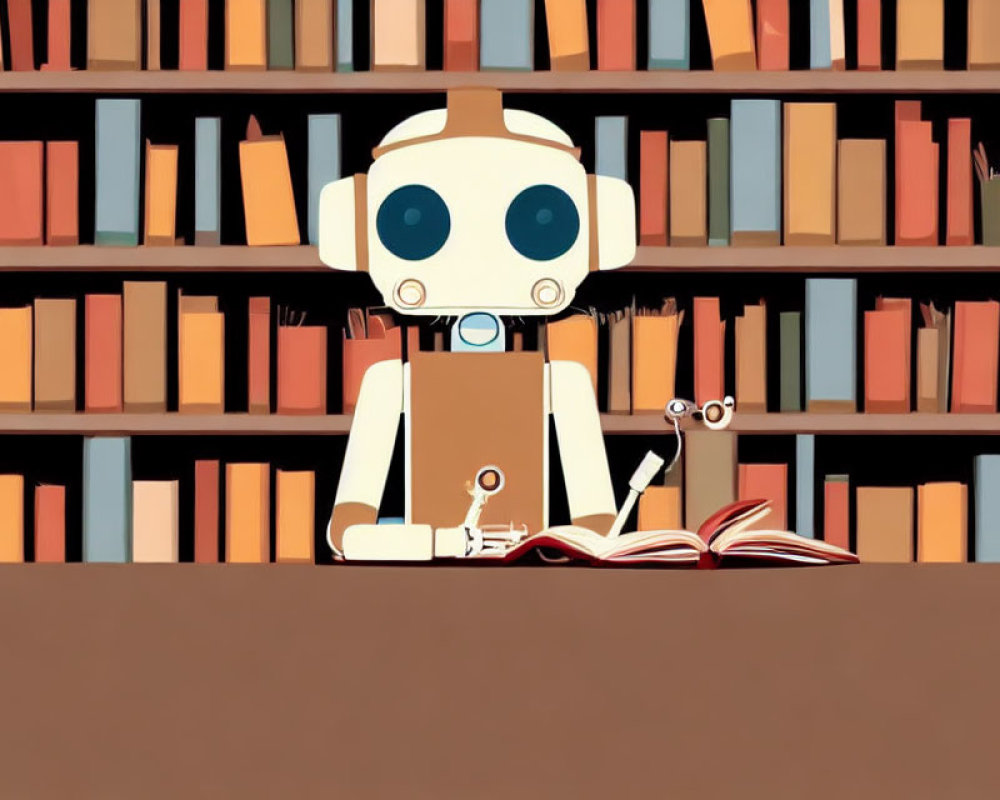 Colorful Cartoon Robot Reading Book at Desk