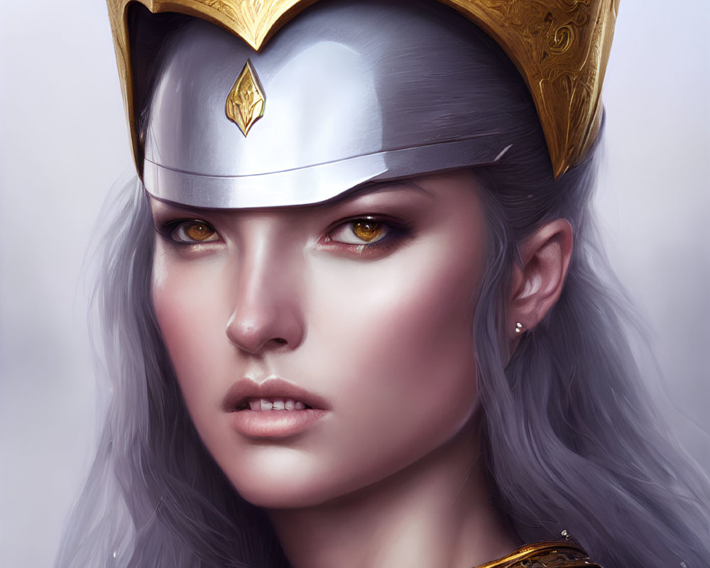 Portrait of Woman with Silver Hair and Golden Eyes Wearing Detailed Golden Crown