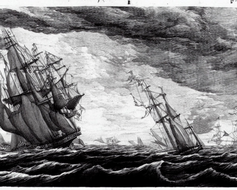 Historic naval scene with large ships on rough sea