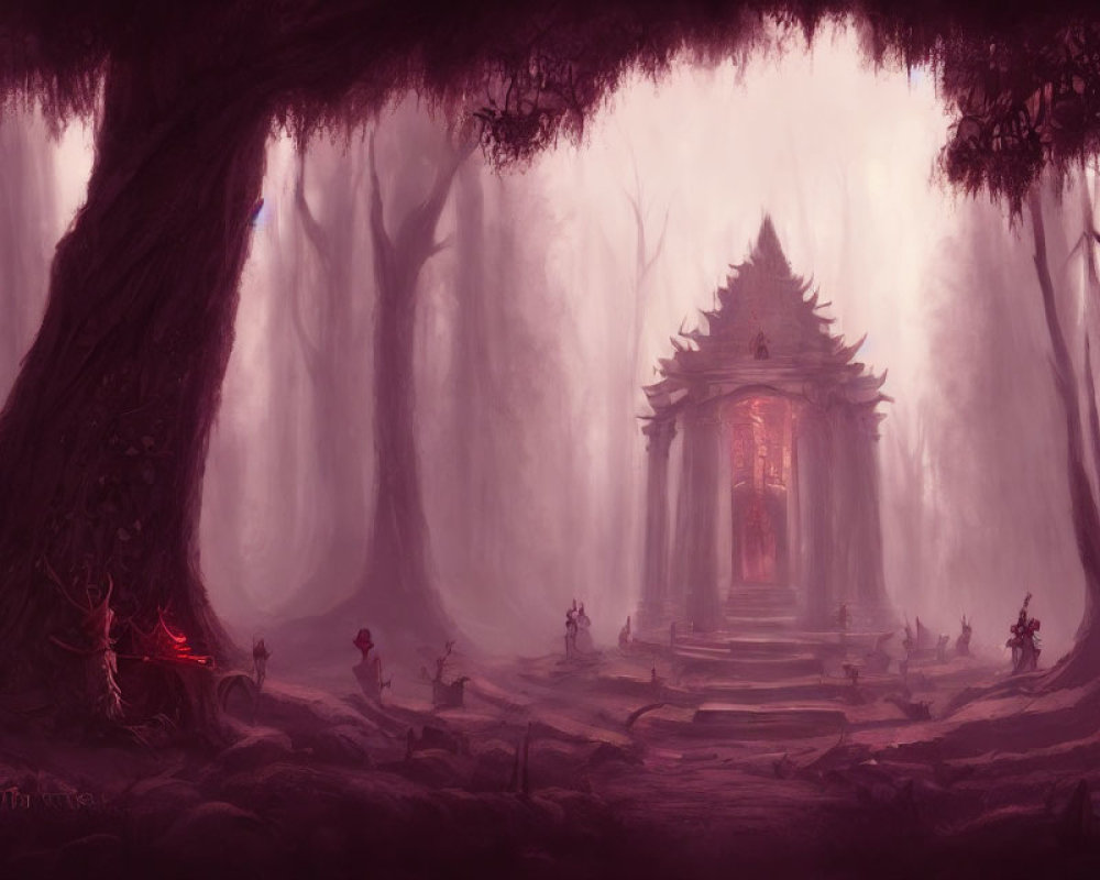 Mystical forest scene with towering trees, temple, and tiny figures