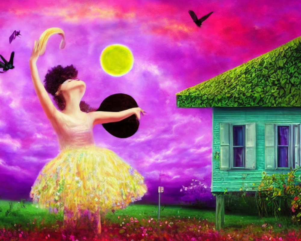 Bird-like figure in yellow tutu playing near ivy-covered house under purple sky