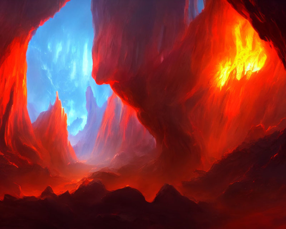 Vibrant glow of molten lava in cavernous landscape