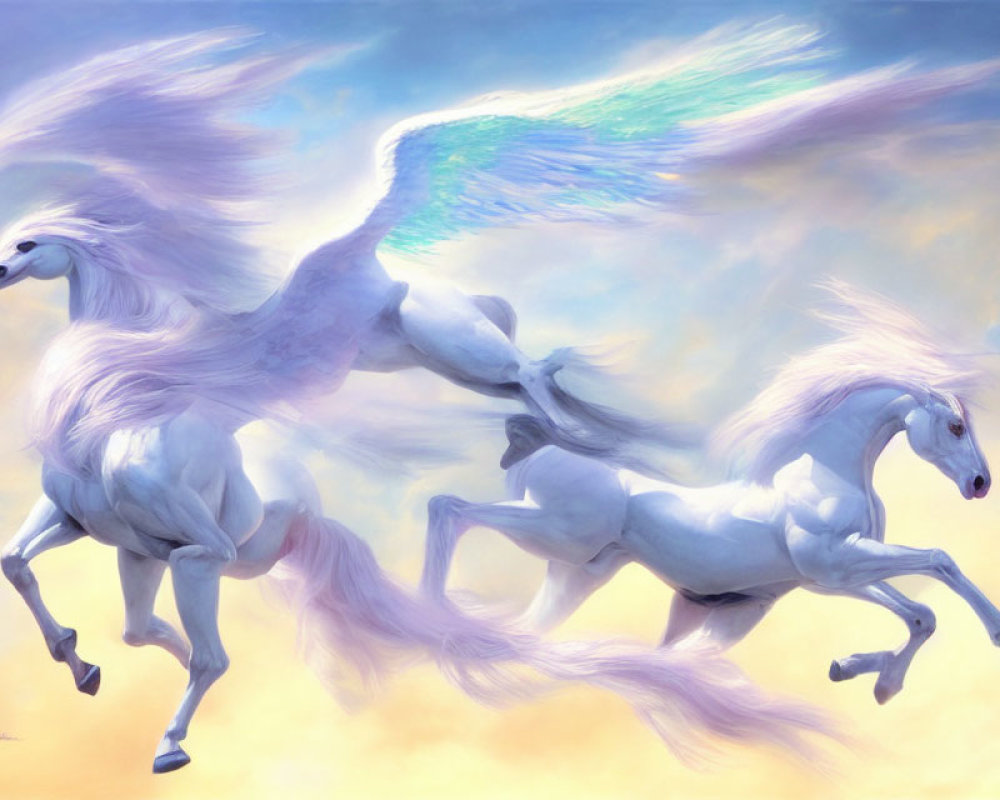 Ethereal horses galloping in pastel sky landscape