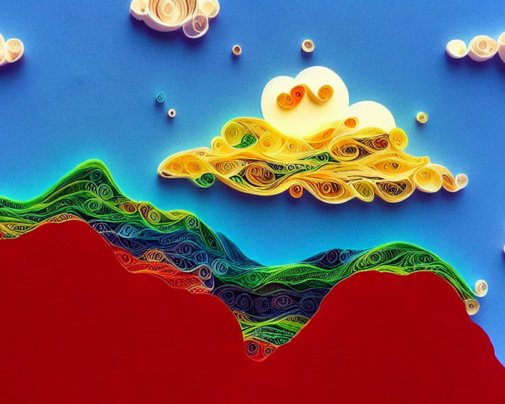 Colorful Quilling Paper Art: Hills, Blue Sky, Whimsical Clouds