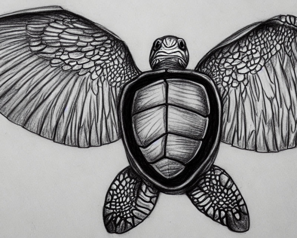 Detailed pencil sketch of a sea turtle with shaded flippers, shell, and head.