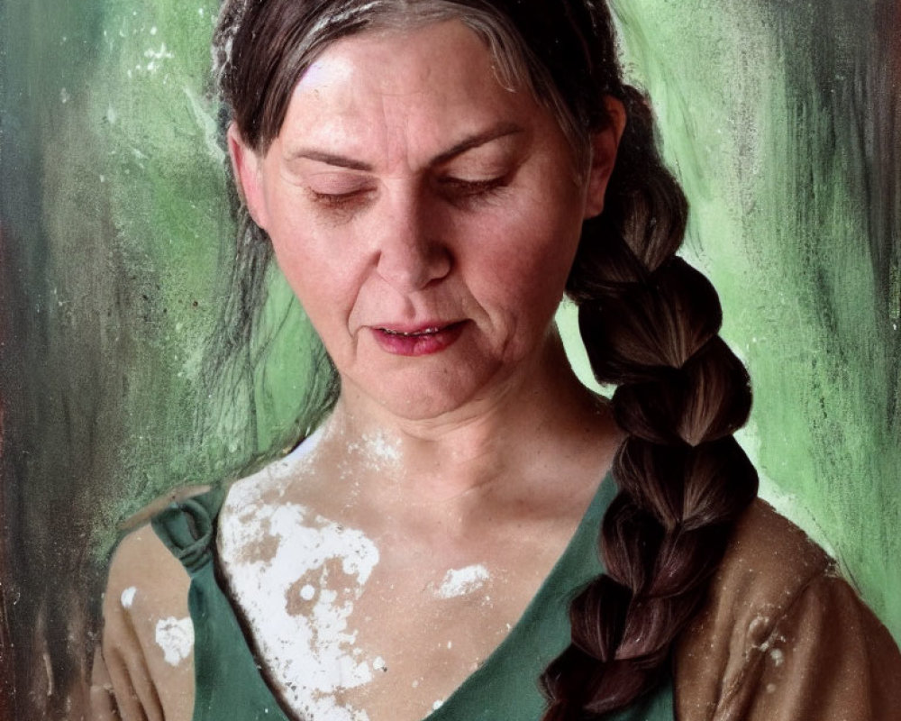 Distressed woman with long braid in green top, surrounded by white stains